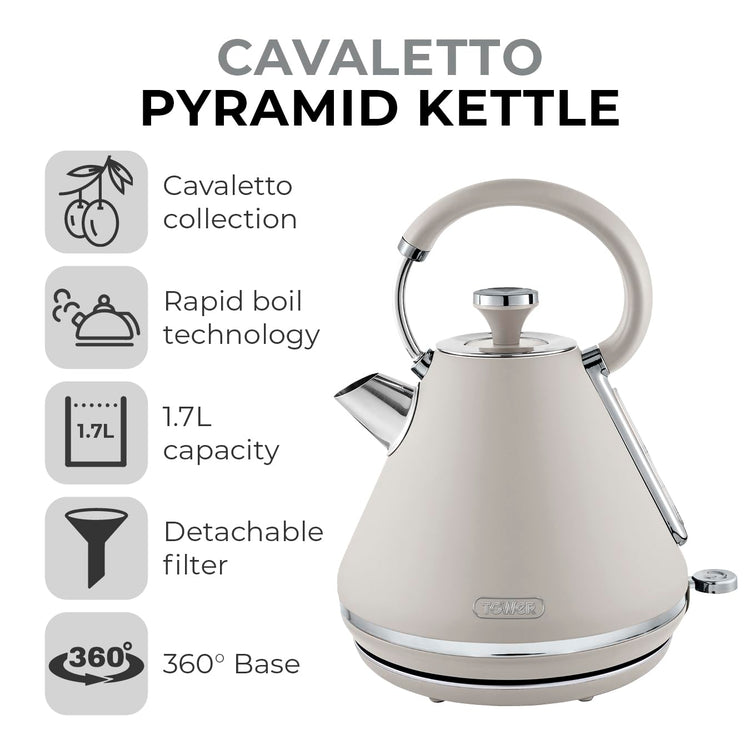 Tower T10044MSH Cavaletto Pyramid Kettle with Fast Boil, Detachable Filter, 1.7L, 3000 W, Latte and Chrome Accents
