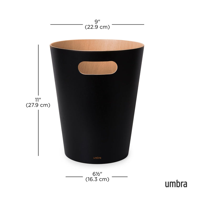 Umbra Woodrow 2 Gallon Modern Wooden Trash Can, Wastebasket, Garbage Can or Recycling Bin for Home or Office, Black/Natural