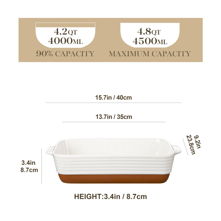 MALACASA 4.5L Ceramic Baking Dish with Handles, 9 x 13 Inches Casserole Dishes, Deep Rectangular Oven Dish, Khaki White Lasagna Pan Bakeware for
