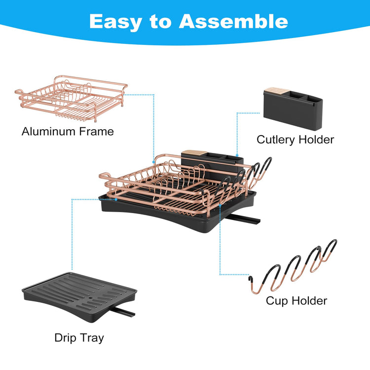 BRIAN & DANY Aluminum Dish Drying Rack, Dish Drainer with Removable Cutlery Holder & Cup Holder, Unique 360 Swivel Spout Drain Board