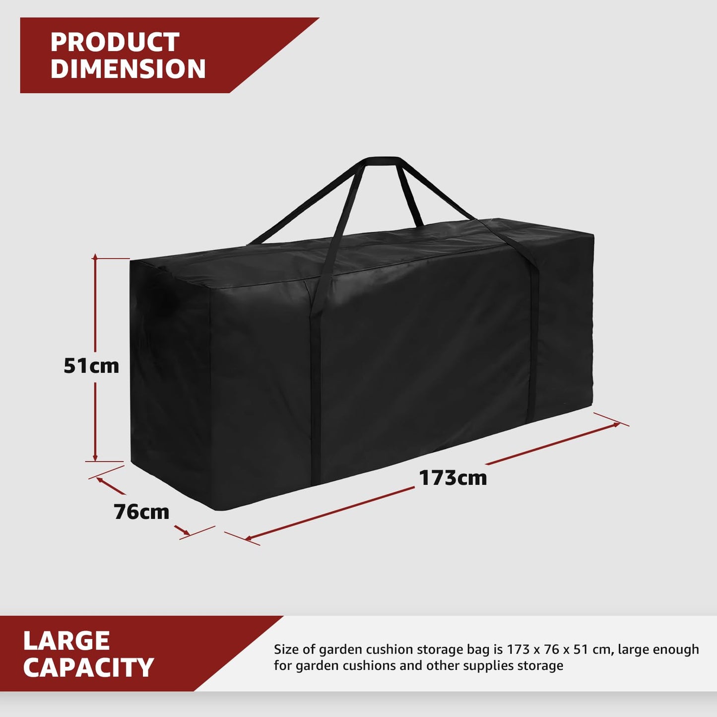 widesmile 2 Pack 670L Extra Large Garden Cushion Storage Bag Heavy Duty Waterproof Outdoor Furniture Cushion Storage Bag 173x76x51cm with Handle and