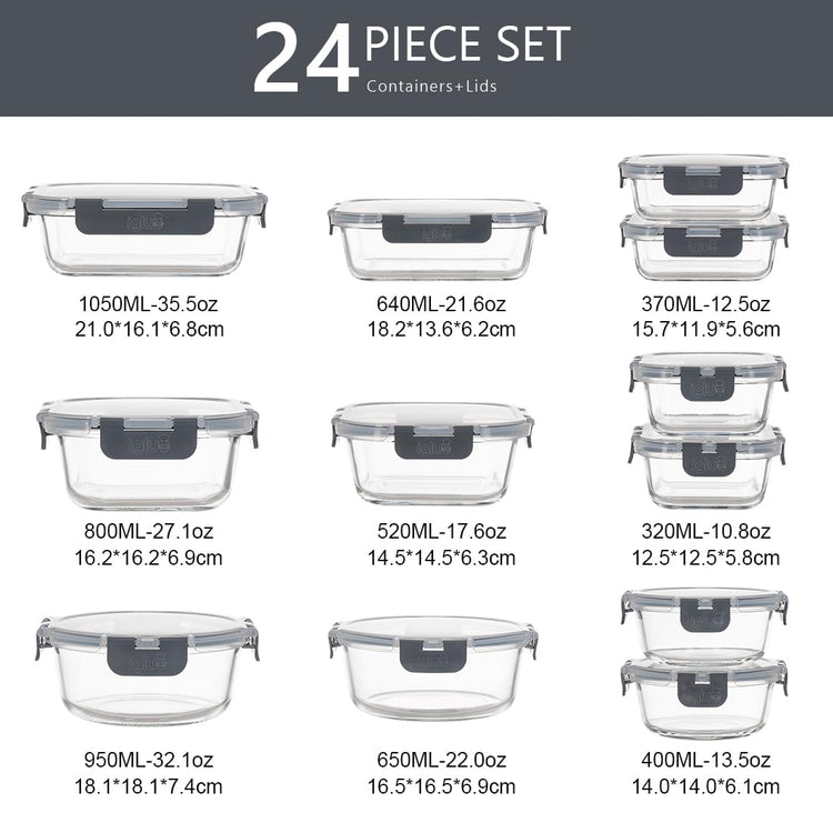 Igluu Meal Prep Glass Containers with Lids (12 Pack: 4 Rectangle, 4 Square, 4 Round) - Reusable Meal Prep Containers, Microwave, Oven, Freezer &