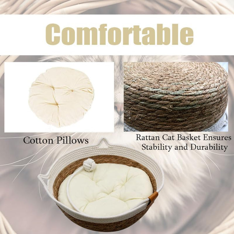 Rukuapid Rattan Cat Basket Bed with Cotton Cushion and Pillow, Wicker Kitten Basket with Toy Ball, Round Cat Beds for Indoor Cats Woven Cat Sleeping