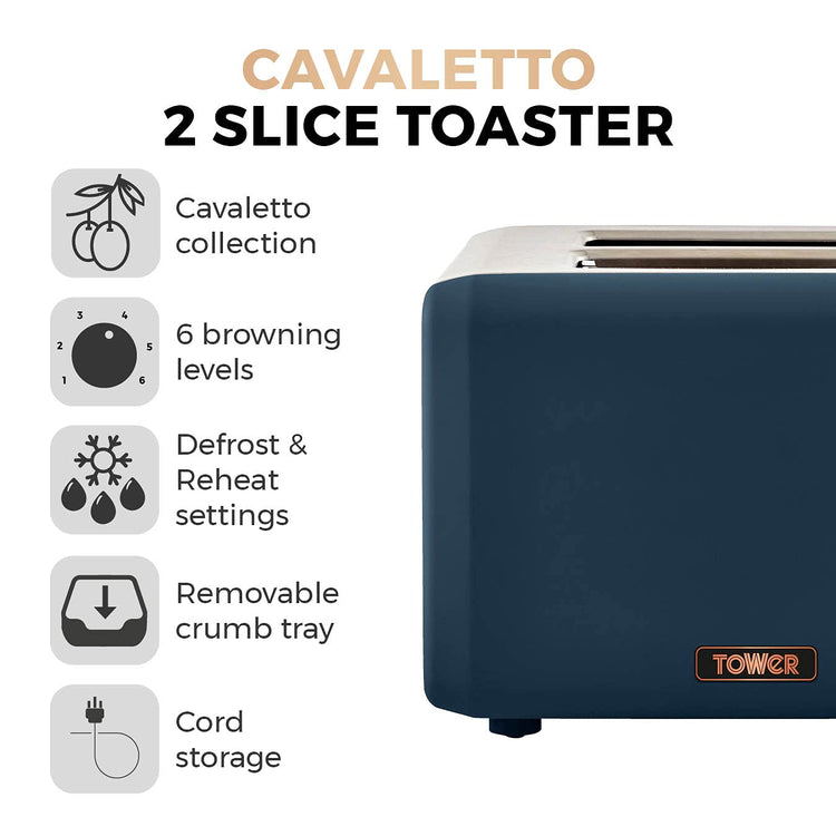 Tower T20036MNB Cavaletto 2-Slice Toaster with Defrost/Reheat, Stainless Steel, 850W, Midnight Blue and Rose Gold