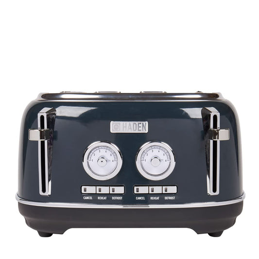 Haden Jersey Steel Blue Toaster 4 Slice Dual Control With Adjustable Browning Controls - Self Centring Function - Reheat And Defrost Functions