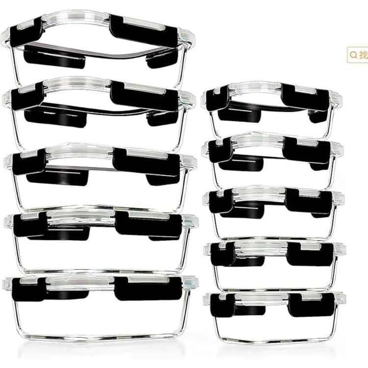 Glass Containers with Lids, 10 Pack Airtight Glass Meal Prep Containers, Glass Food Storage Containers, Reusable, Stackable, Microwave, Oven, Freezer and Dishwasher, 1050ml & 370ml (Black)