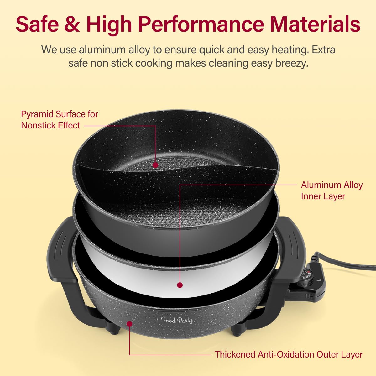 Food Party Hot Pot Hotpot Pot Electric with Divider Chinese Hot Pot Cooker 6-Quart Non-Stick Shabu Shabu Pot