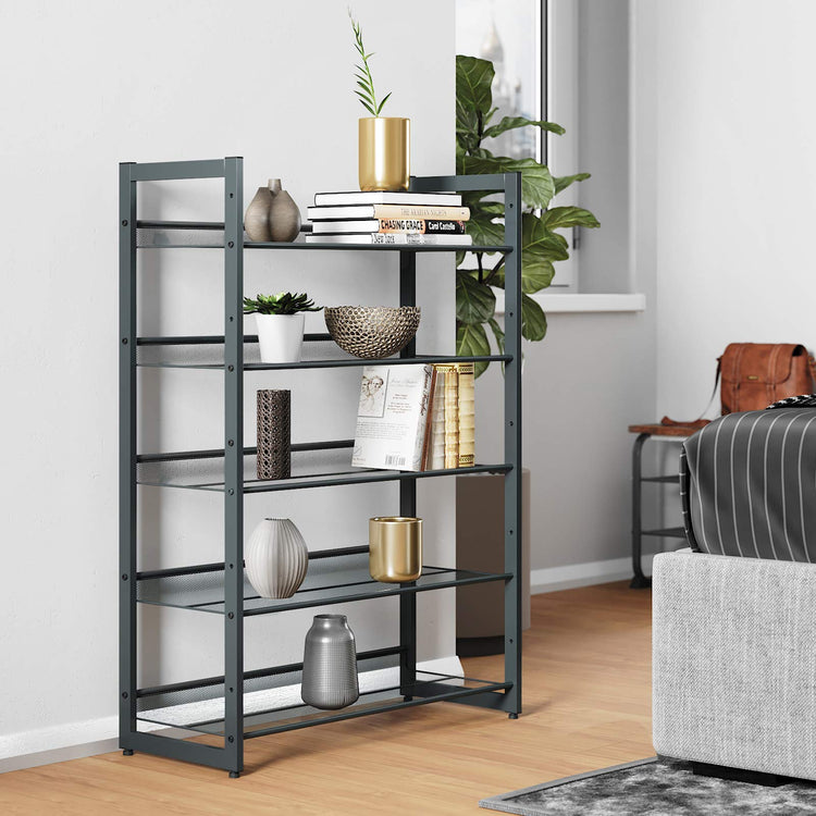 SONGMICS Shoe Rack, 5-Tier Stackable Shoe Storage Shelf, Metal Shoe Organiser with Adjustable Flat or Angled Shelves, 30.5 x 74 x 103.8 cm, Holds