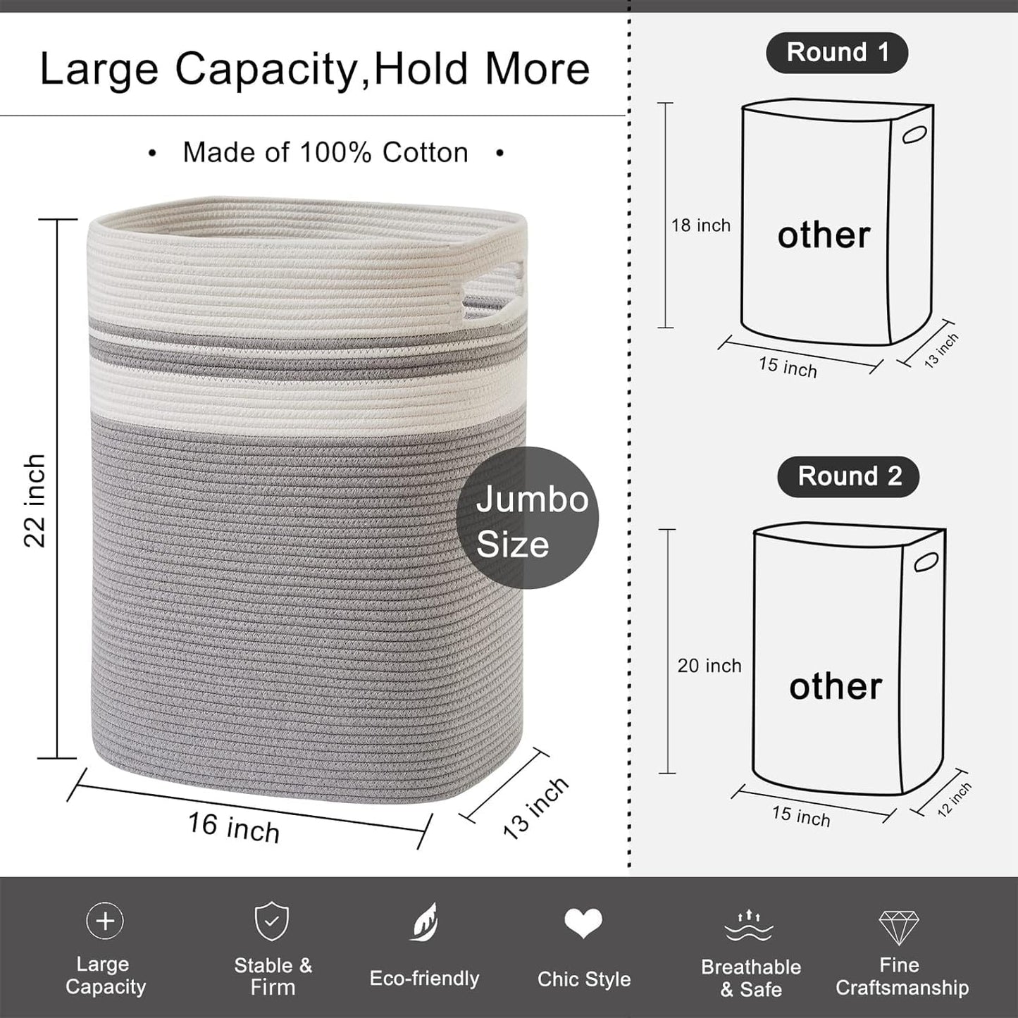 OIAHOMY Laundry Hamper - Tall Cotton Storage Basket With Handles, Decorative for Living Room, Collapsible Large for Toys, Pillows, Clothes -