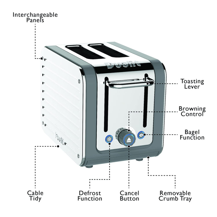 Dualit Architect 2 Slice Toaster Stainless Steel with Grey Trim Extra-Wide Slots, Peek and Pop Function, Patented Ideal Toast Technology Matching