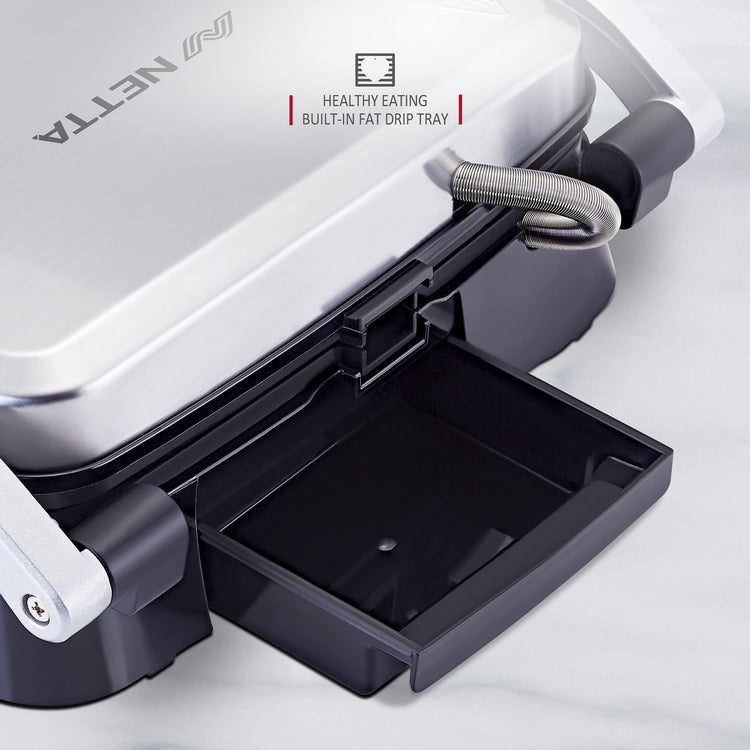 NETTA Panini Maker & Health Grill - Sandwich Toaster, Panini Press - 2 Slice Non-Stick Grill Plates Built-In Fat Tray - 1500W - Stainless Steel