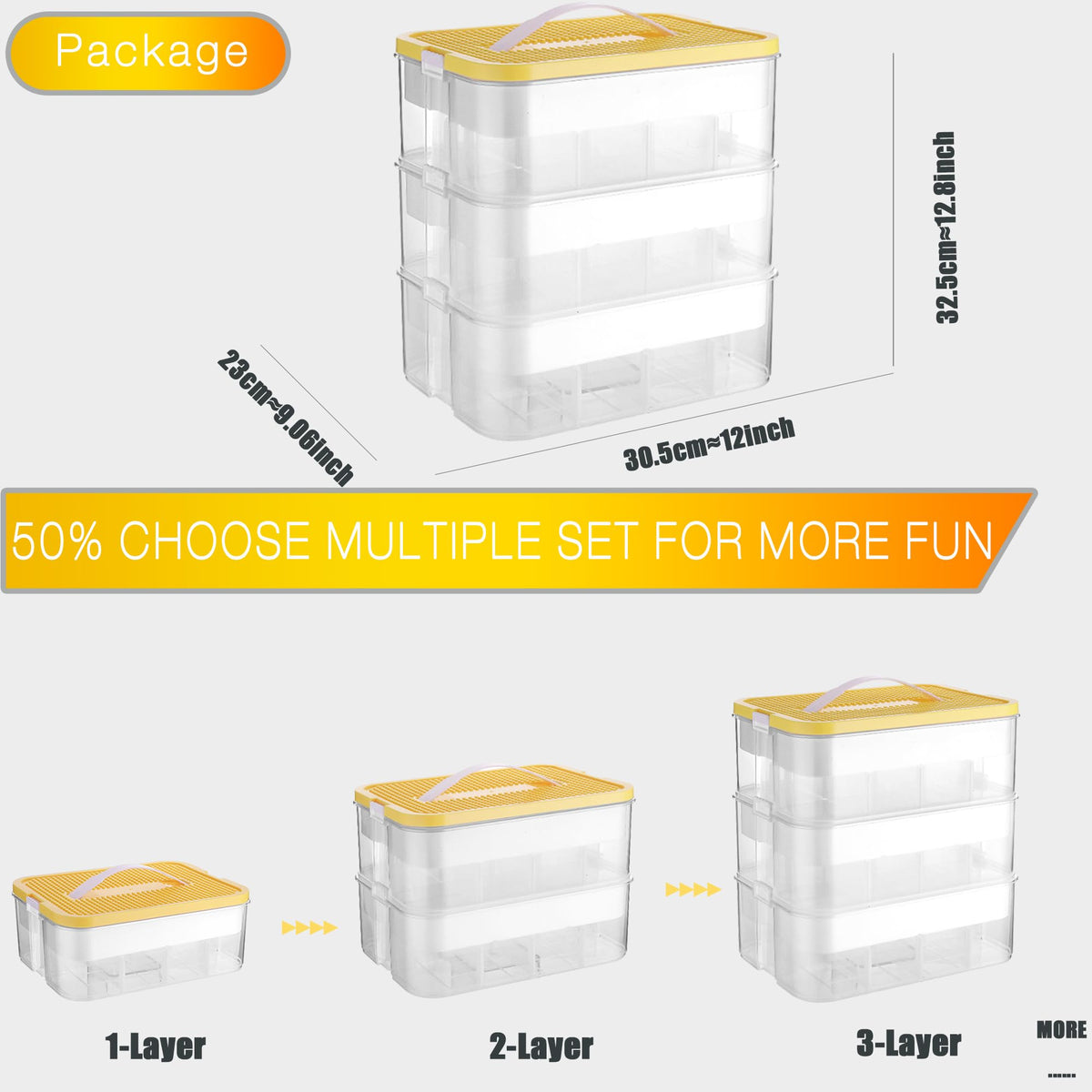 Storage Organiser for Lego 3 Layers Stackable Kids Toy Box With Base Plates Lids Plastic Multi Compartment Building Blocks Craft Sorting Container