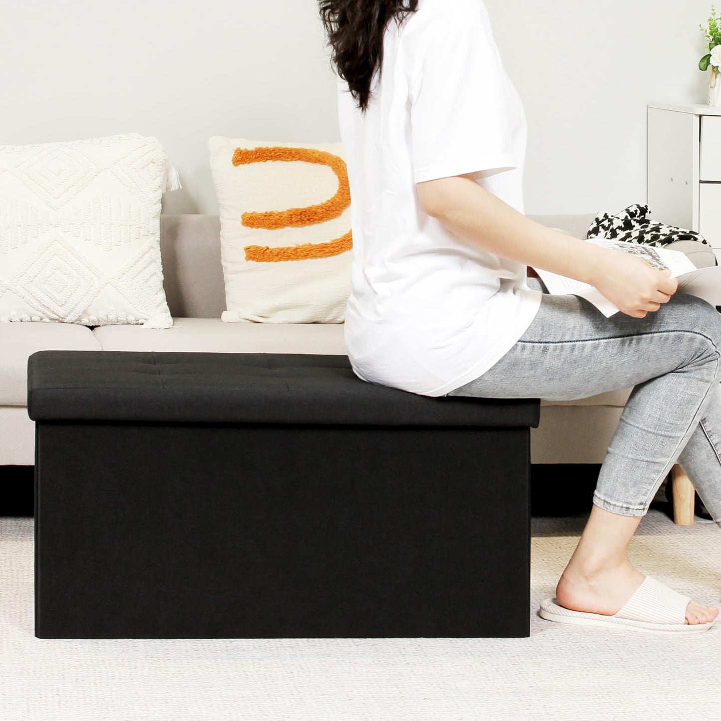 Bonlife Large Folding Balck Ottoman Storage Box with Lid,Linen Footrest Stool Bedroom Bench Seats,Toy Box Chest Living Room Furniture 76x38x38cm