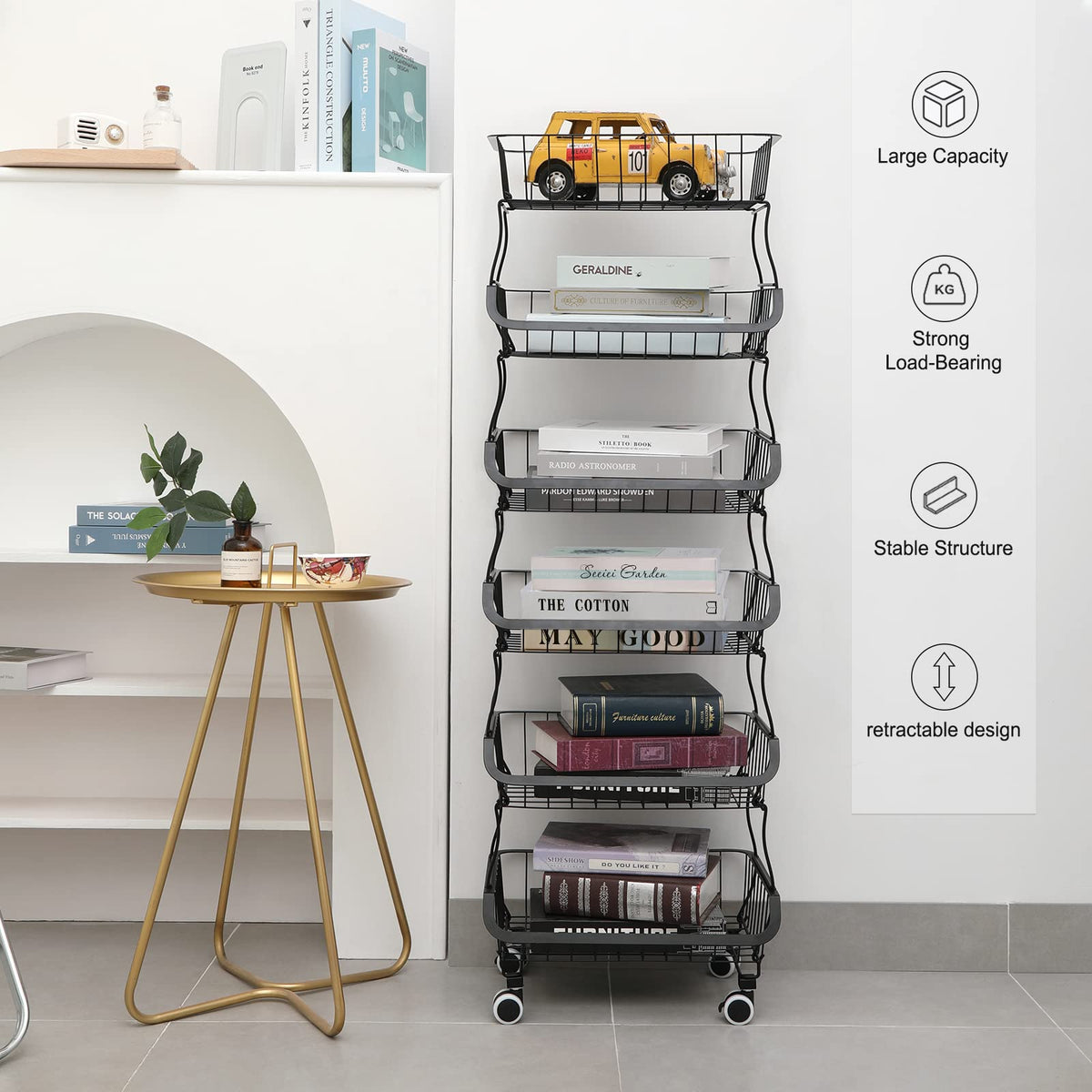 BRIAN & DANY 6 Tier Vegetable Storage Rack, Stackable Fruit Vegetable Stand with Lockable Casters and 5 S-Hooks for Kitchen, Pantry, Bathroom, Garage