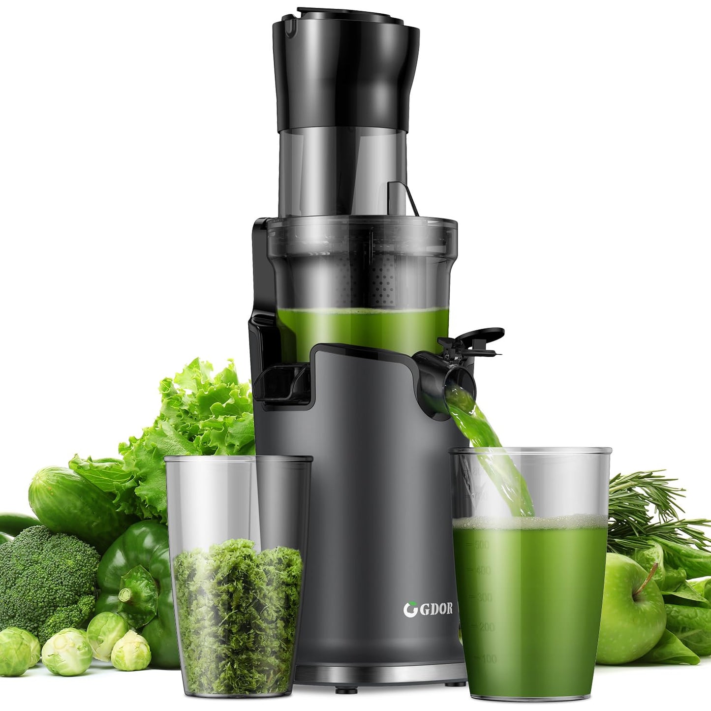 GDOR Cold Press Juicer Machines for Whole Fruit and Vegetable, Wide Mouth 89MM Feeding Chute, Powerful Slow Masticating Juicer with Two-layer Filter,