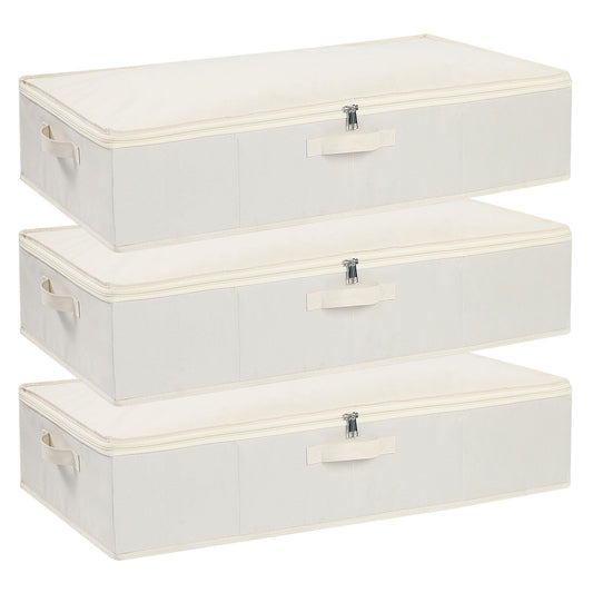 YheenLf 3-Pack Under Bed Storage Box with Lid, Foldable Wardrobe Organiser with Reinforced Handles for Blanket, Sheets, Clothing, Shoes, Beige,