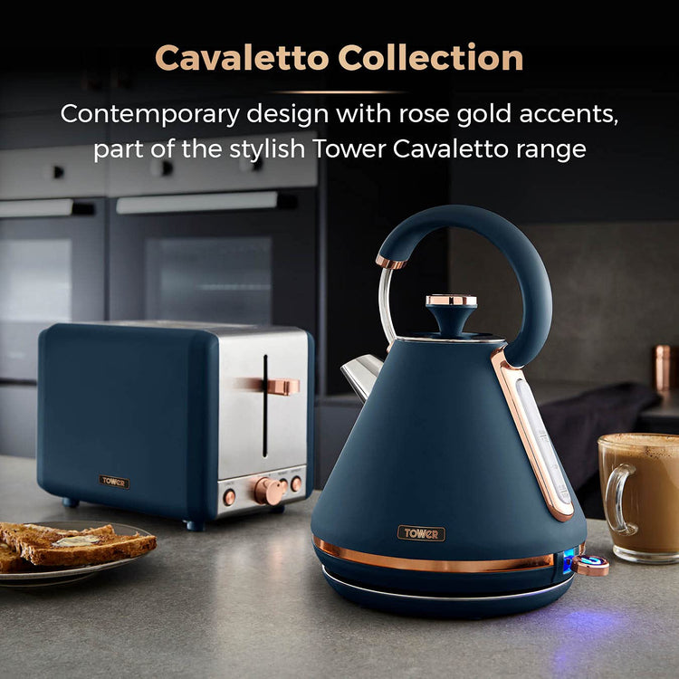 Tower T20036MNB Cavaletto 2-Slice Toaster with Defrost/Reheat, Stainless Steel, 850W, Midnight Blue and Rose Gold