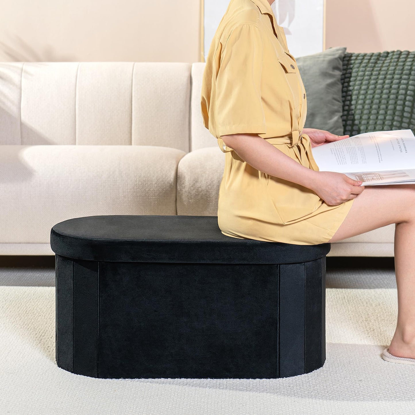 Bonlife Black Velvet Ottoman Storage Bench with Seat,Foldable Stool Living Room Furniture,Oval Large Toy Box Storage Chest with Lid,76x38x38cm