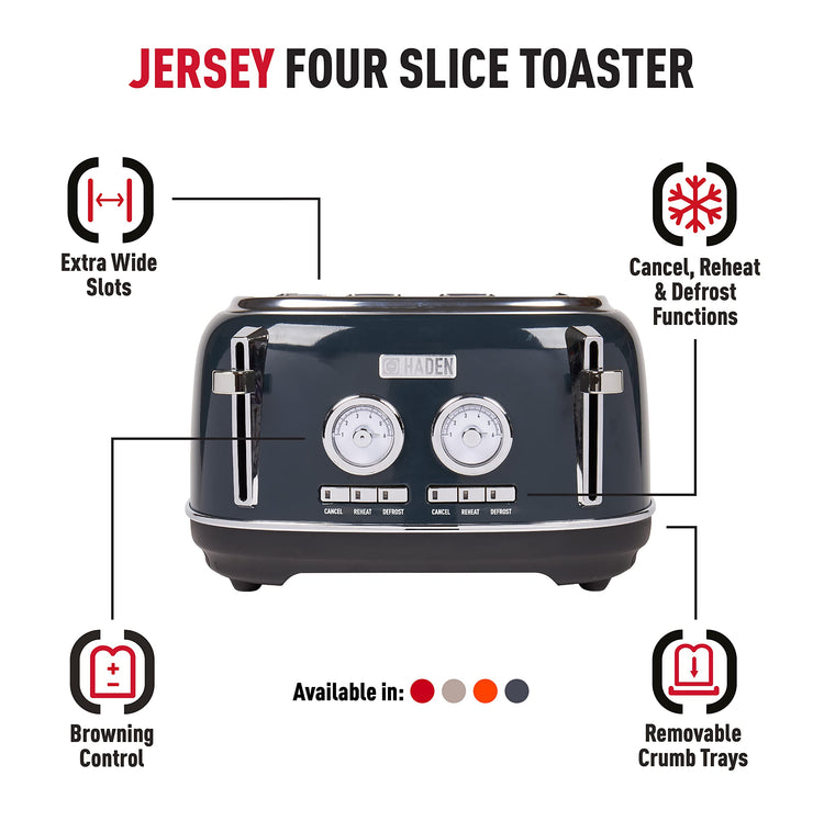 Haden Jersey Steel Blue Toaster 4 Slice Dual Control With Adjustable Browning Controls - Self Centring Function - Reheat And Defrost Functions