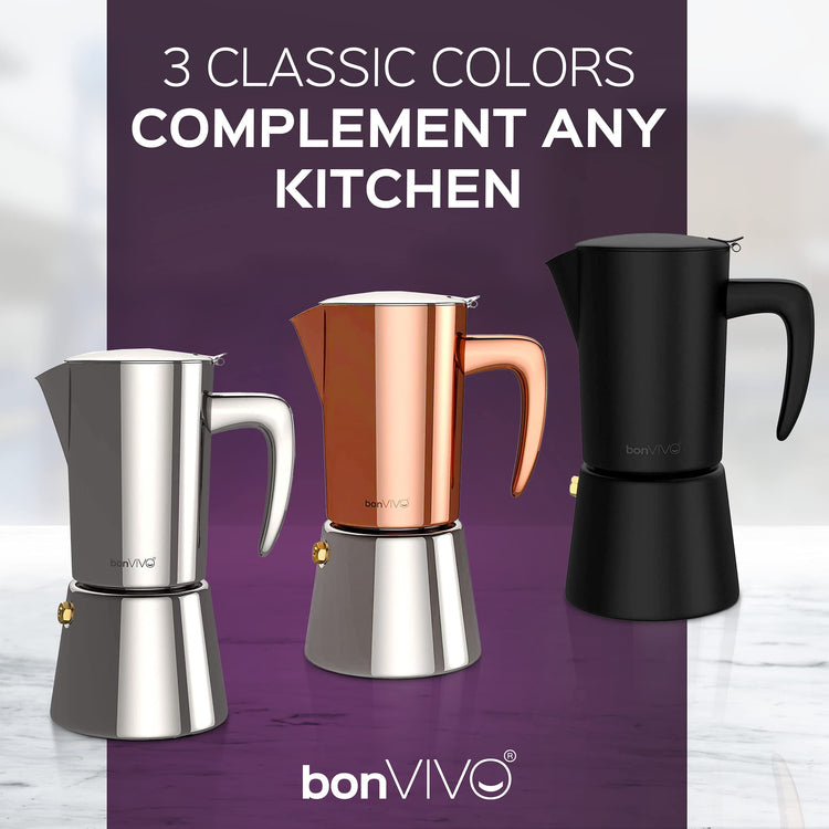 bonVIVO Moka Pot - 6 Cup Intenca Stainless Steel Espresso Maker w/Copper Finish - Stove Top Italian Coffee Maker - 300ml Coffee Pot - Gifts for Men