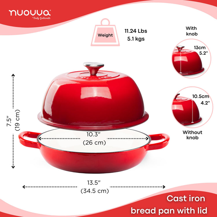 Enamelled Cast Iron Dutch Oven Pot Dutch Oven For Sourdough Bread Baking Cast Iron Bread Pot Red, 6 Quarts, 22cm by Nuovva