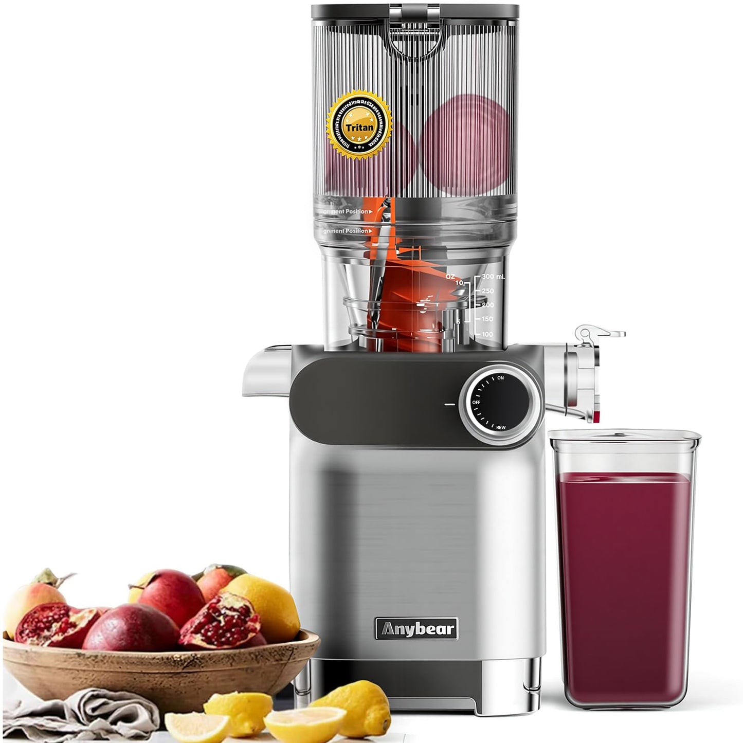 Anybear Cold Press Juicer, 200W Masticating Slow Juicer 4.3" Large Feed Chute Fit Whole Fruits Vegetables | Upgraded Auger | Tritan Materials | BPA