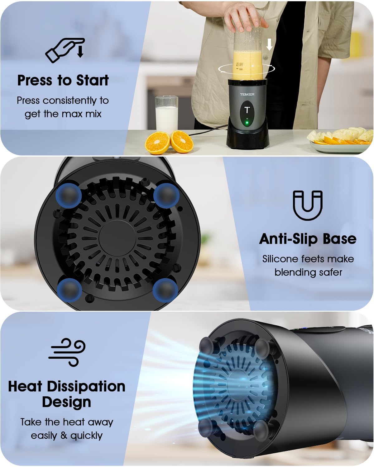 TENKER Portable Mini Blender, 900W Personal Smoothie Maker with 2x650ml Portable Blender Bottles, 2pcs To-Go Lids and 300ml Grinder, BPA-Free, for