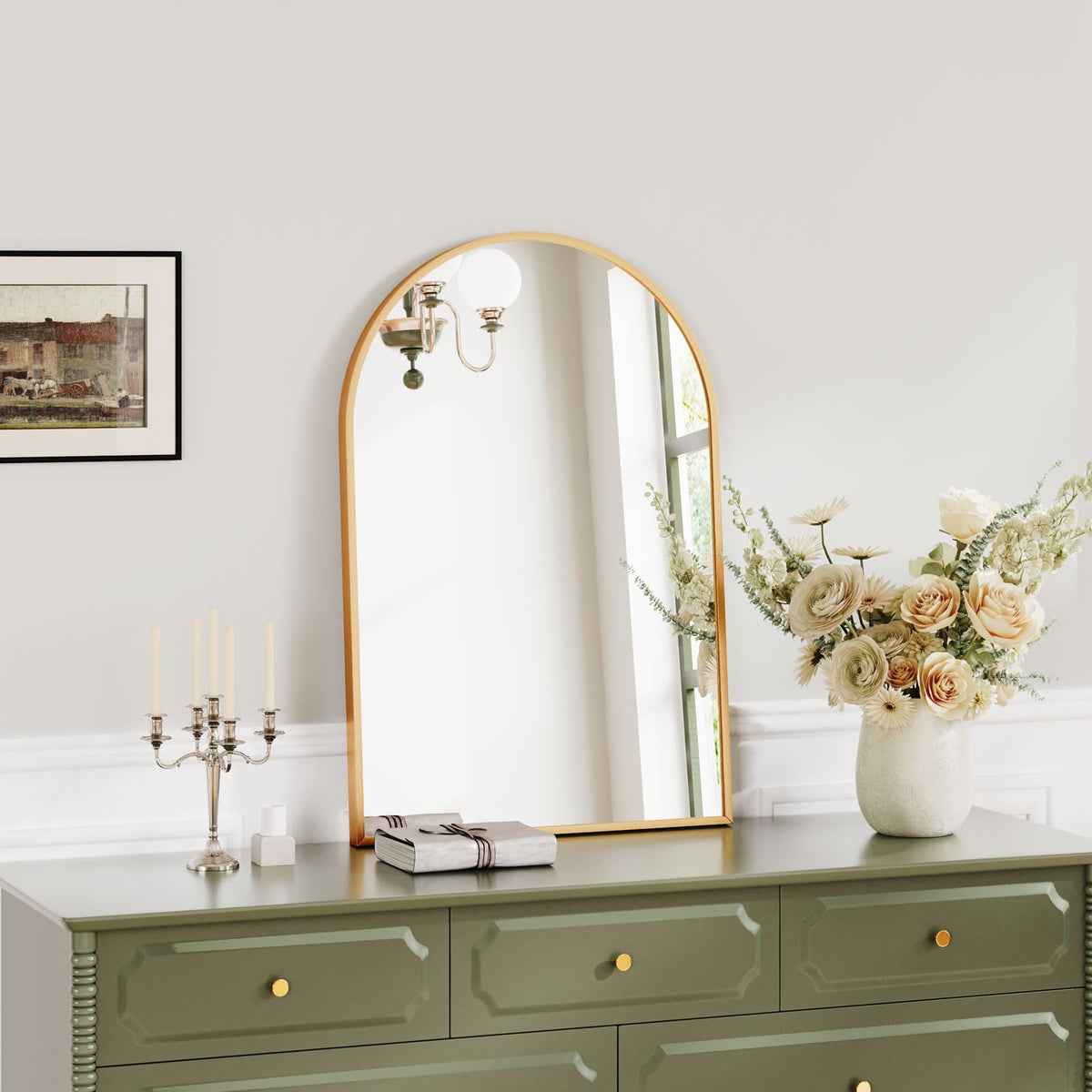 Dripex 50 x 75cm Arched Mirror, Arched Wall Mounted Mirror Home Decorative Bathroom Bedroom Living Room Dressing, Gold