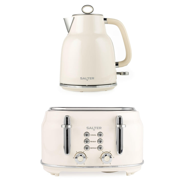Salter Retro Kettle & Toaster Set 1.7L Fast Boil Kettle with Removable Limescale Filter, 4-Slice Wide Slot Toaster, Thick Bread, High Lift Eject,