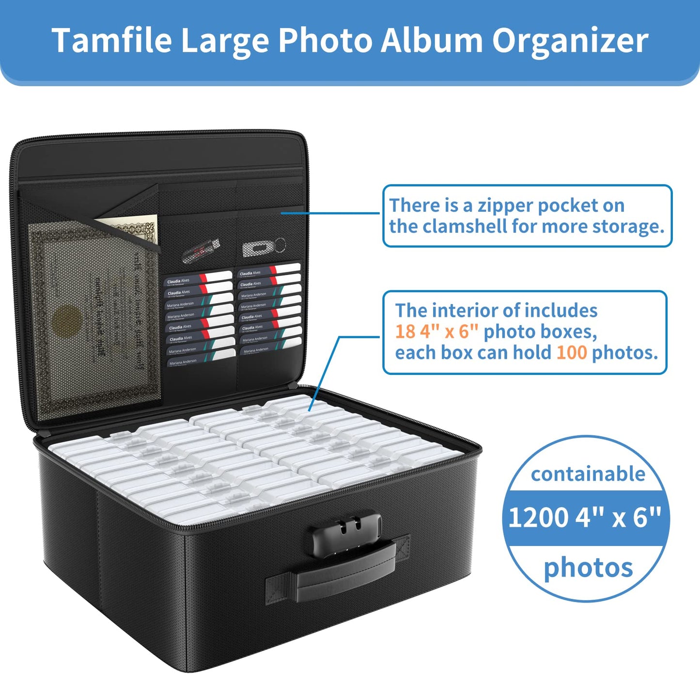 Tamfile Fireproof Photo Storage Box 4" x 6" with 18 Inner Clear Photo Case, Plastic Photo Organiser with Lock for Pictures, Cards, Crafts, Seed,