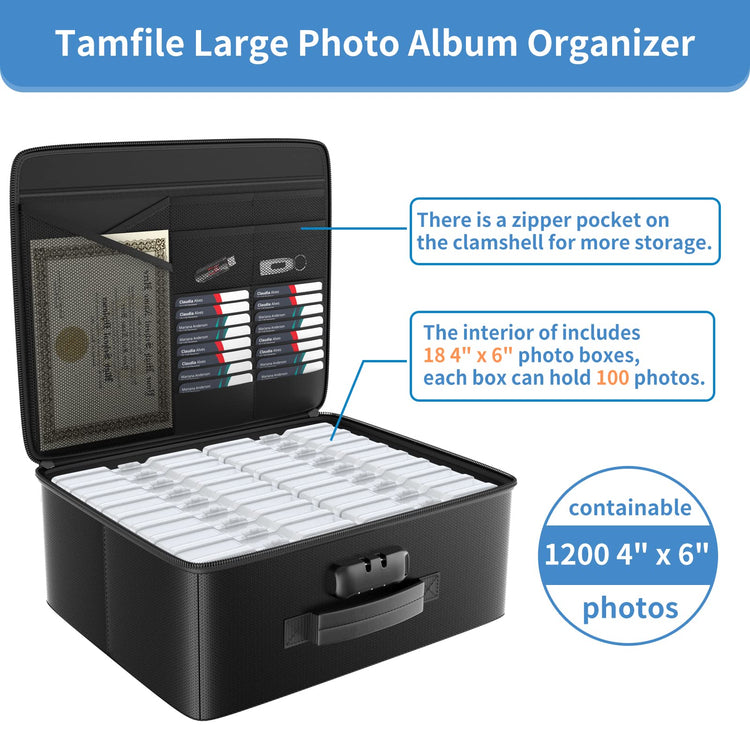 Tamfile Fireproof Photo Storage Box 4" x 6" with 18 Inner Clear Photo Case, Plastic Photo Organiser with Lock for Pictures, Cards, Crafts, Seed,