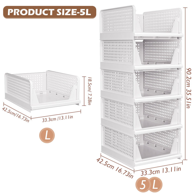 TidyIsles Wardrobe Storage Organiser - 5 Pack Folding Closet Organisers, Stackable Storage Boxes, Plastic Drawer Organiser Basket for Bedroom Kitchen