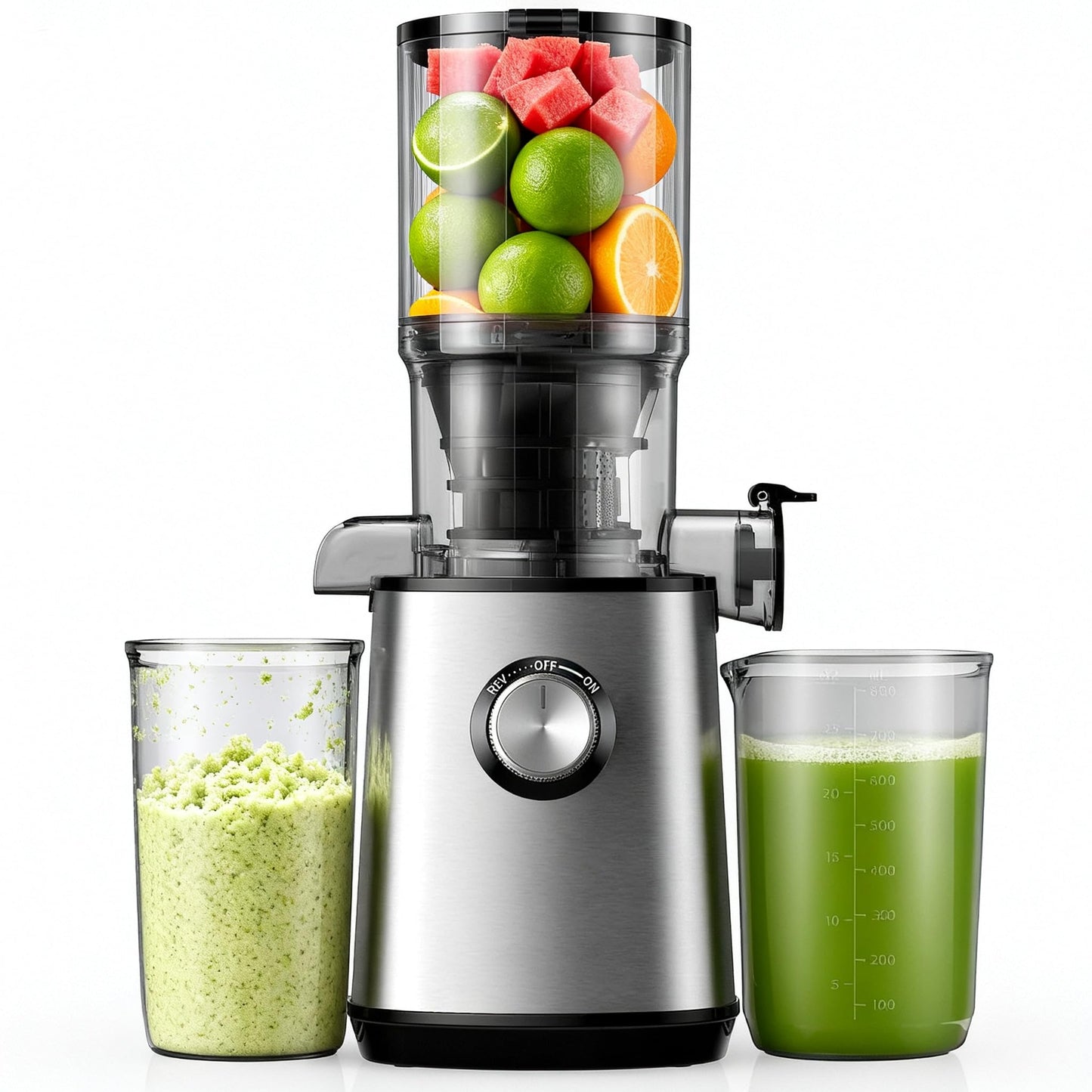 Cold Press Juicer with 110 MM Large Feed Chute, Masticating Juicer Machines Fits Whole Fruits and Vegetables, Self Feeding Slow Juicer with Low Noise,