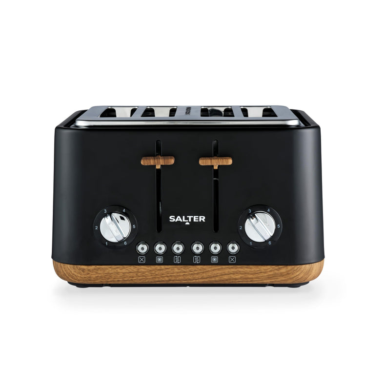 Salter EK5823BLK Toronto 4-Slice Toaster Wide Slots, 6 Browning Levels, Removable Crumb Tray, Defrost, Reheat, Cancel, Self-Centring Function,