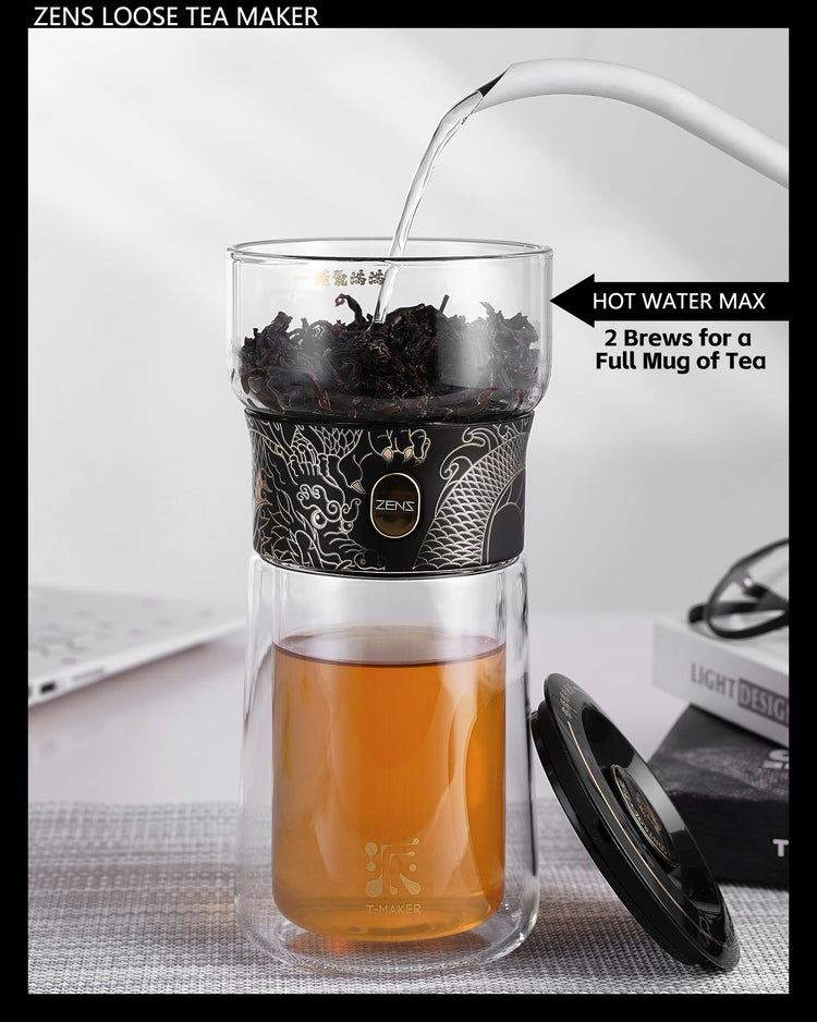 ZENS Cool Glass Teapot with Infuser, Smart One Touch Tea Maker, Loose Tea Infuser Pot with Insulated Cup and Portable Carry Case for Hot Tea
