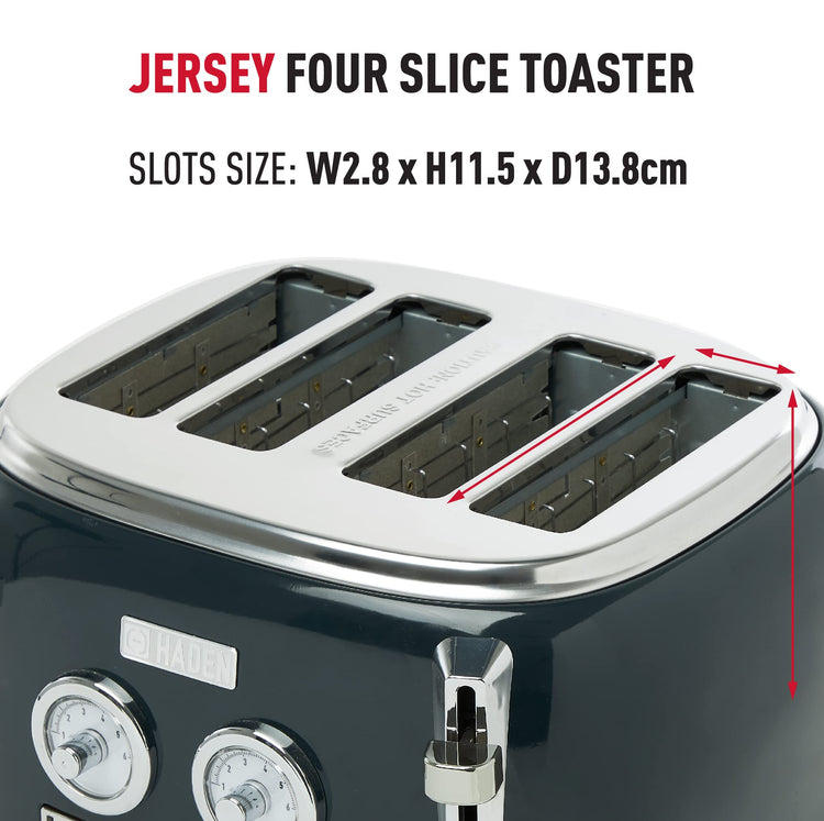Haden Jersey Steel Blue Toaster 4 Slice Dual Control With Adjustable Browning Controls - Self Centring Function - Reheat And Defrost Functions