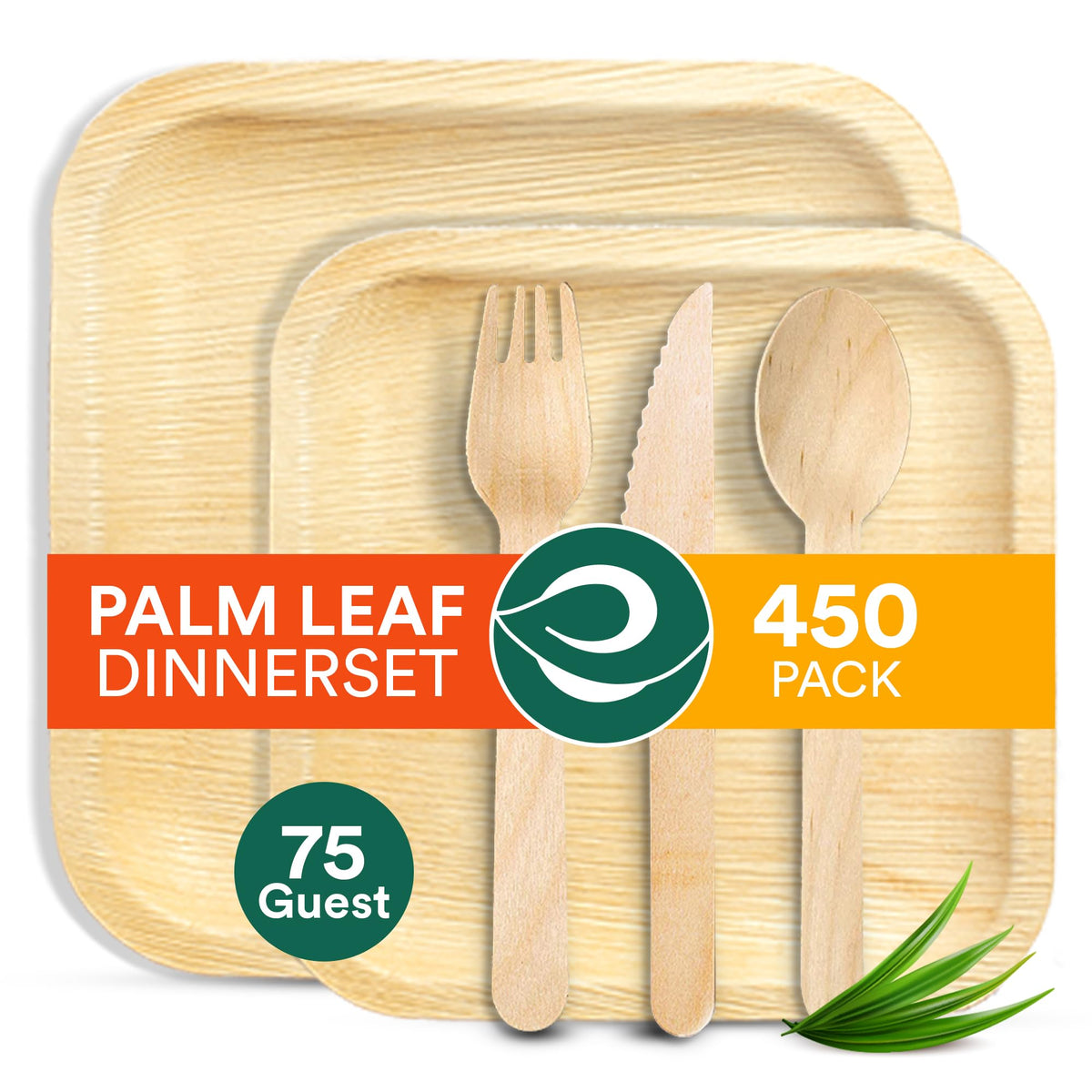ECO SOUL 100% Compostable Palm Leaf Dinnerware Set For 75 Guests 10", 6" Square plates 75 Count each | Fork, Knife, Spoon, 100 Count each