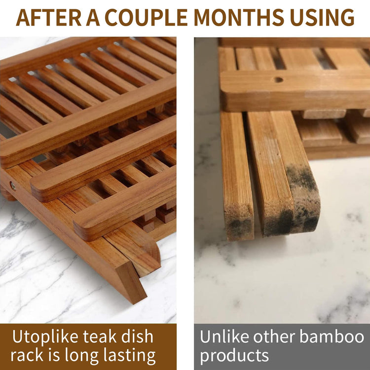 Utoplike Teak Dish Rack Stand Drainer, Collapsible 2 Tier Dish Drying Rack with Cup Holder, Wooden Plate organiser for Kitchen