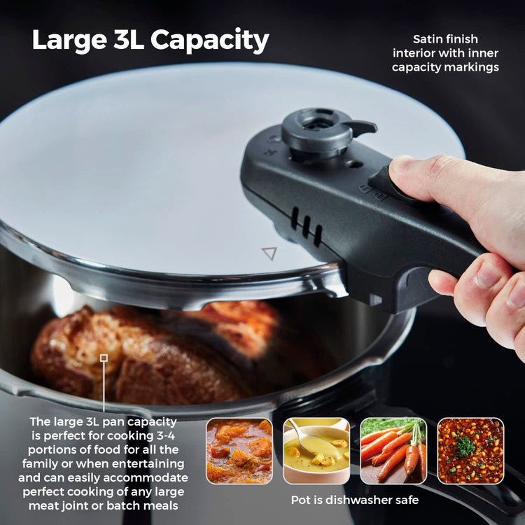 Tower T80245 Stainless Steel Pressure Cooker with Steamer Basket, 3 Litre, Stainless Steel, Silver