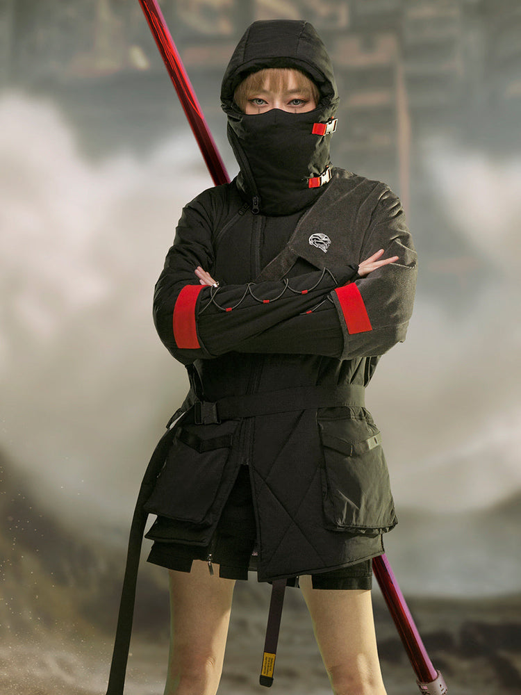 Mid-length Black Hooded Cotton Coat