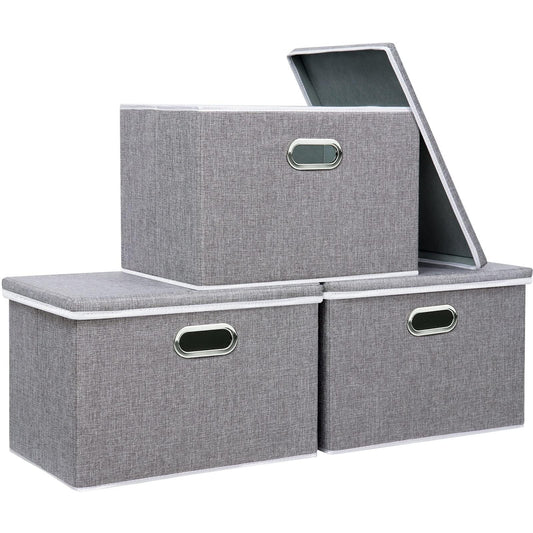 Yawinhe Large Storage Box with Lid 3 Pack, Collapsible Cubes Baskets, for Cupboards, Wardrobe, Shelves, 44x30x30cm, Grey, SNK023GX-3