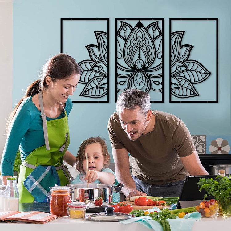 ESTART Large Lotus Flower Metal Wall Art 3-piece Set, Religion Faith Mandala Home Wall Decoration for Living Room, Bedroom, Office and Yoga Room
