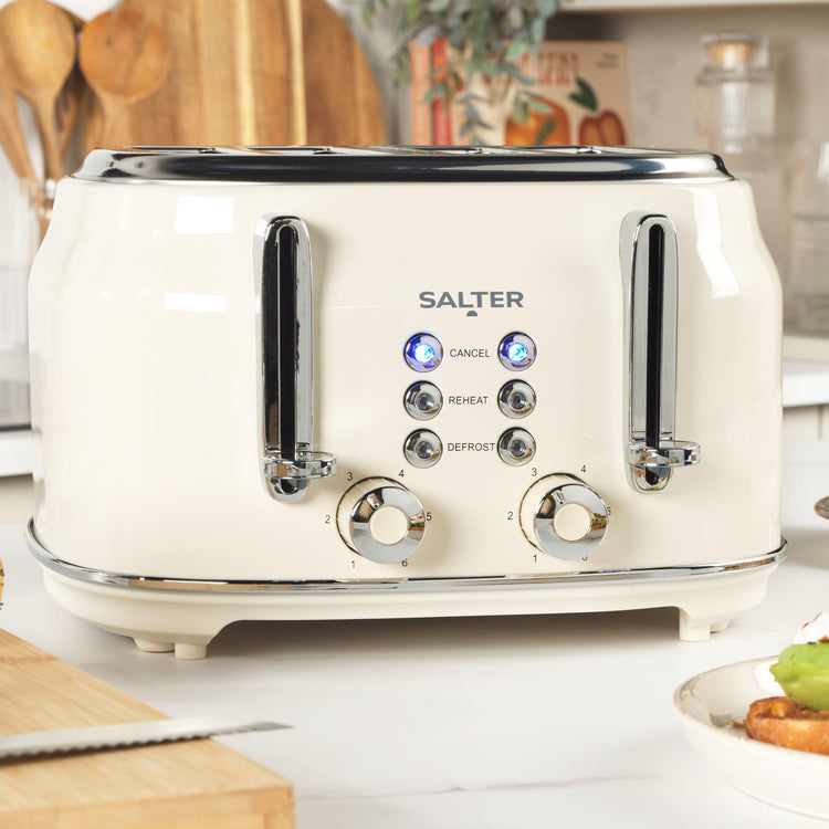 Salter Retro Kettle & Toaster Set 1.7L Fast Boil Kettle with Removable Limescale Filter, 4-Slice Wide Slot Toaster, Thick Bread, High Lift Eject,