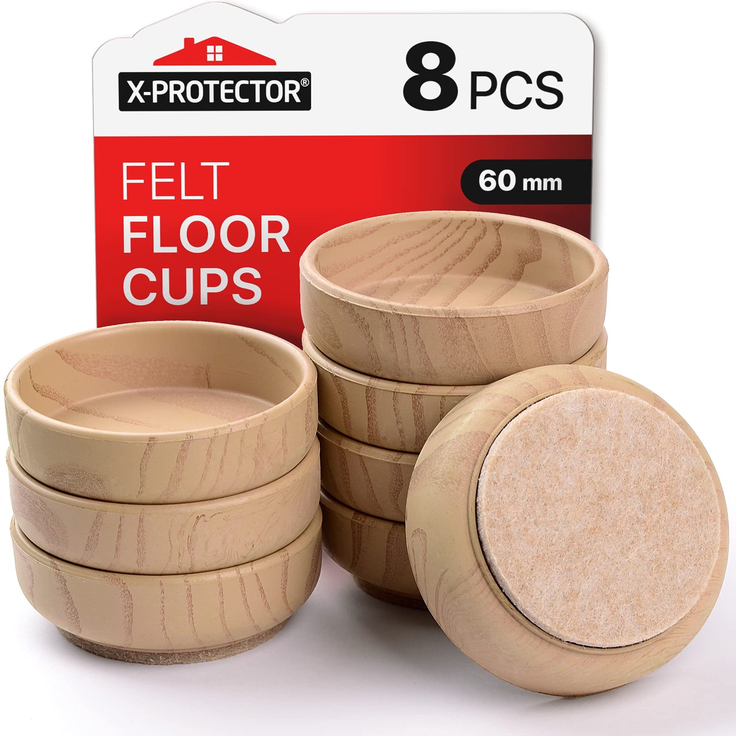 Felt Floor Cups X-Protector ? Furniture Felt Castors Cup 8 PCS ?60mm ? Floor & Furniture Protector Cups for Chair & Sofa Legs ? Prevent Scratches with