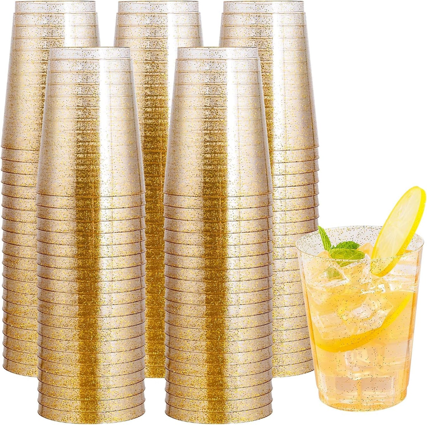 Gikisla 50pcs Gold Plastic Cups, 300ml Hard Gold Plastic Tumblers for Cocktail and Drinking, Reusable Clear Drink Cups for Fancy Wedding,
