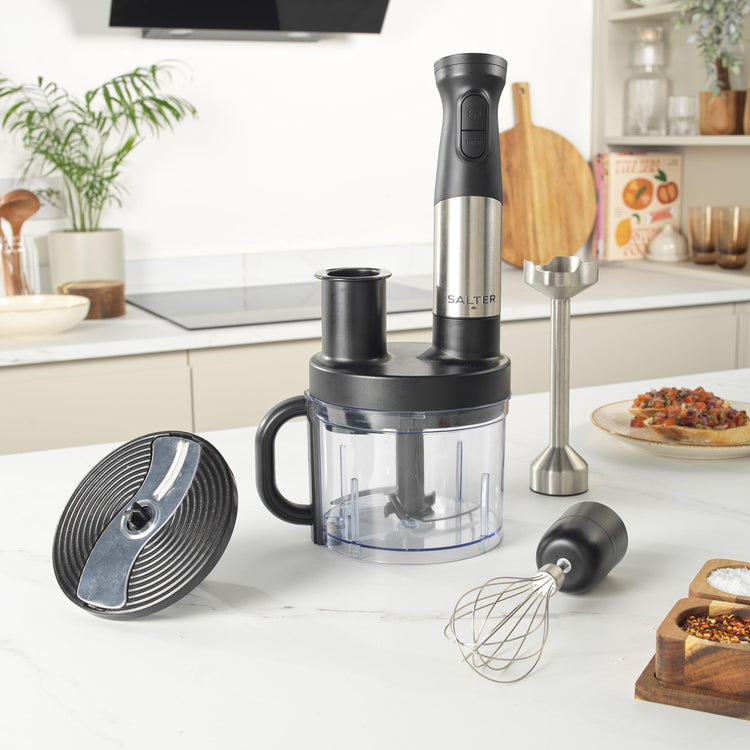 Salter EK5877 5 in 1 Blend & Prep Compact Food Chopper with 1.2L BPA-Free Bowl, Immersion Stick Blender with 2 Speed Settings, Chop, Slice, Shred,
