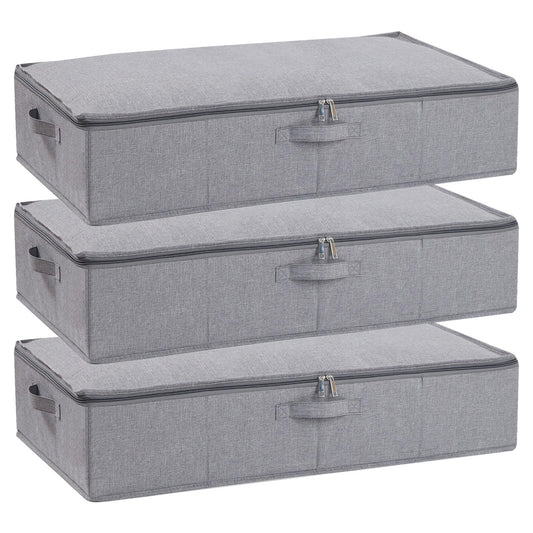 YheenLf Under Bed Storage Box with Lid, Foldable Wardrobe Organiser with Reinforced Handles for Blanket, Sheets, Clothing, Shoes, Grey, 3-Pack,