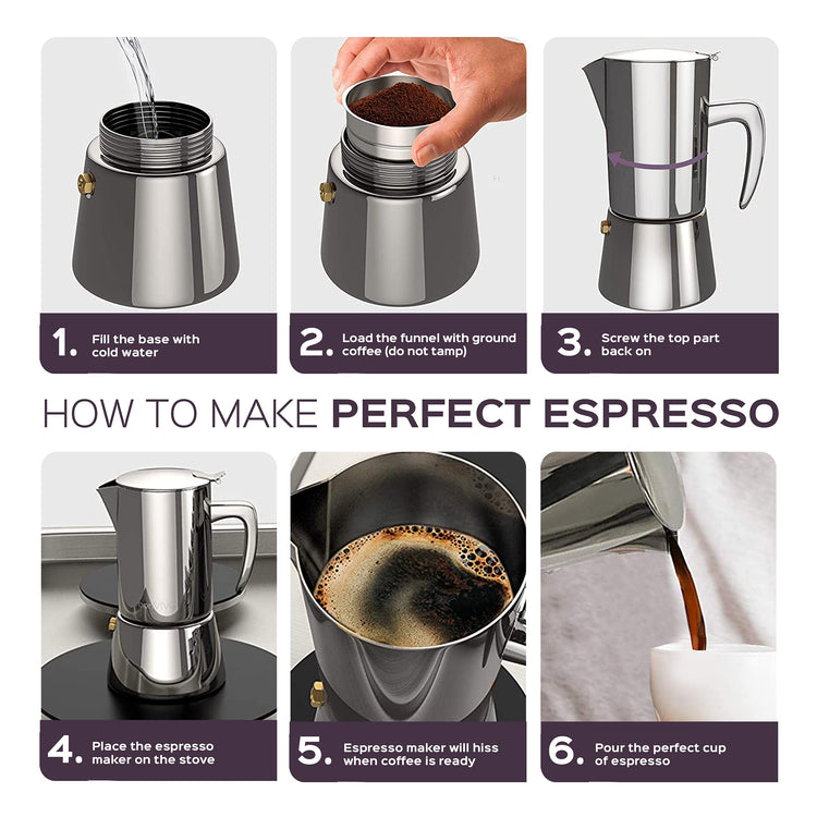 bonVIVO Moka Pot - Intenca, 300ml, Stainless Steel Espresso Maker w/Silver Chrome Finish - Stove Top Italian Coffee Maker - 6 Cup Coffee Pot - Gifts