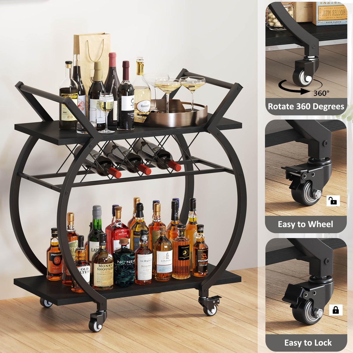 LVB Drinks Trolley, Rolling Bar Cart, Kitchen Trolley on Wheels, Modern Serving Trolley, Wine Cart with Storage Shelves, Wine Holders, for Home Bar