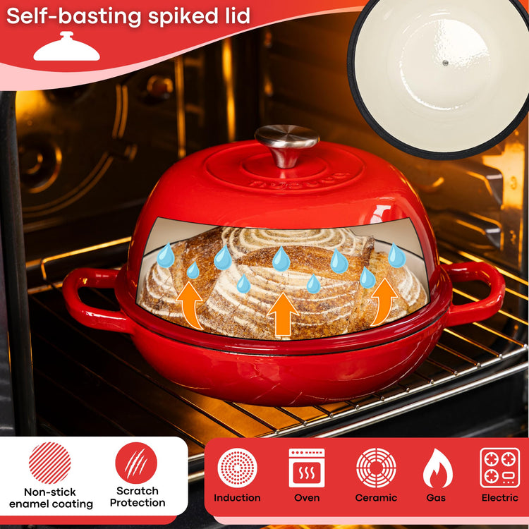 Enamelled Cast Iron Dutch Oven Pot Dutch Oven For Sourdough Bread Baking Cast Iron Bread Pot Red, 6 Quarts, 22cm by Nuovva
